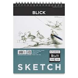 
Blick Studio Sketch Pad- 8 1/2" x 11" 100 Sheets. Front of pad, wirebound at top.