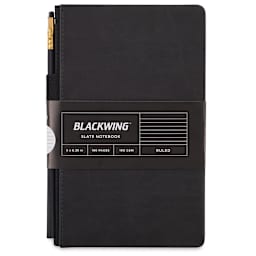 Blackwing Slate Notebooks - Front view of packaged ruled black notebook with pencil