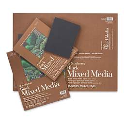 Strathmore 400 Series Black Mixed Media Pads - Four sizes of pads shown with one open