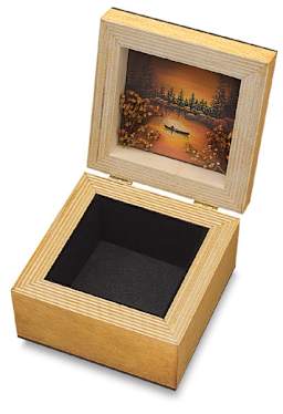 Ampersand Claybord Hinged Boxes - Angled view of open Box with painting on inside lid