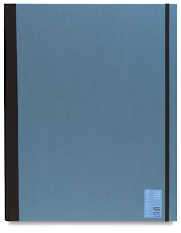 Cachet Studio Portfolios - Top view of closed Cadet Blue portfolio with label