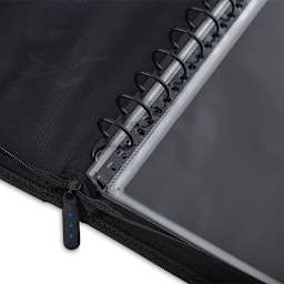 Close-up of multi-ring binding and zipper 