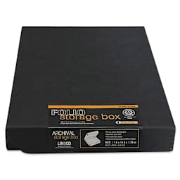 Lineco Folio Archival Storage Box - Black, Faux Leather, 11" x 14", with label