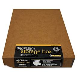 Lineco Folio Archival Storage Box - Tan, Faux Leather, 9" x 12" with label