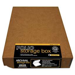 Lineco Folio Archival Storage Box - Tan, Faux Leather, 11" x 14" with label