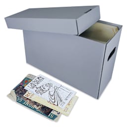 Lineco Archival Record Storage Box - Blue Gray, 6" x 15" x 10" with lid slightly off 