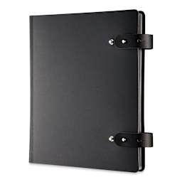 Prat Leather Spiral Presentation Book - 8 1/2" x 11", Double Tab Closure, Black, Landscape shown at an angle
