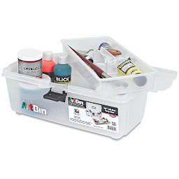 ArtBin Essentials Lift-Out Tray Boxes - 16" Long, Translucent Clear (box open with tray partially removed, supplies not included)