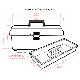 ArtBin Essentials Lift-Out Tray Boxes - 16" Long, Translucent Clear (illustration of box and tray with corresponding dimensions)