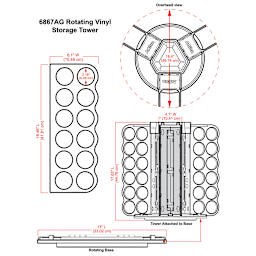 ArtBin Rotating Vinyl Storage Rack - White, 36 Slots (illustration with dimensions)
