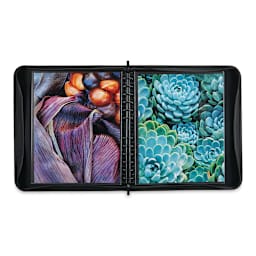 Itoya ProFolio Zipper Binder - Open binder showing artwork in protector sleeves