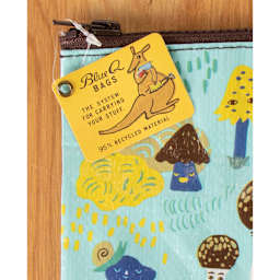 Blue Q Zipper Pencil Pouch - Cute Lil' Mushrooms, 9-1/2" x 7-1/4", close-up of product tag