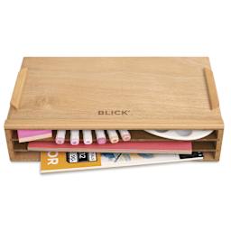 Blick Wooden Flat File Organizer, shown with art supplies (supplies not included)