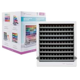 Tombow Marker Desktop Organizer (front of packaging, angled-view beside organizer with all slots empty, front-view)