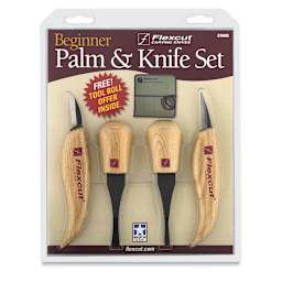 Flexcut Beginner Palm and Knife Set - Front of blister package showing tools
