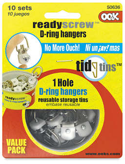 Ook ReadyScrew D-Ring Hangers - Front of package of Tin of Single Hole 10 pack