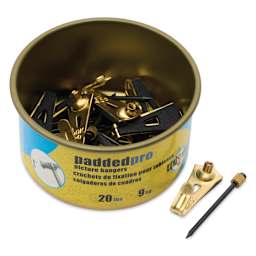 Ook Padded Pro Picture Hangers - Tidy Tin, 20 lb, Pkg of 15, tin and one hanger laid out