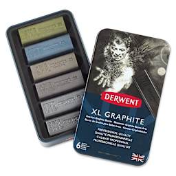 Derwent XL Graphite Block - Set of 6 shown open in tray with tin lid adjacent