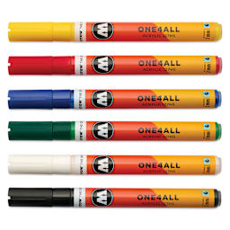 Molotow One4All Acrylic Markers - Set of 6, Basic 1 Colors, 2 mm, caps on