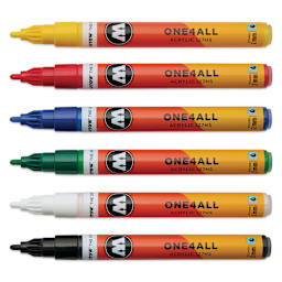 Molotow One4All Acrylic Markers - Set of 6, Basic 1 Colors, 2 mm, caps off