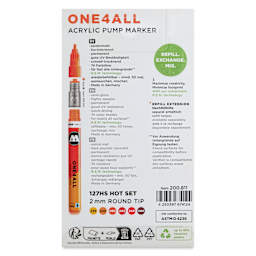 Molotow One4All Acrylic Markers - Set of 6, Hot Colors, 2 mm, back of packaging