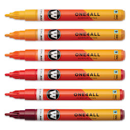 Molotow One4All Acrylic Markers - Set of 6, Hot Colors, 2 mm, caps off