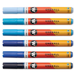 Molotow One4All Acrylic Markers - Set of 6, Blue Colors, 2 mm, caps on