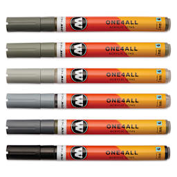 Molotow One4All Acrylic Markers - Set of 6, Grey Colors, 2 mm, caps on