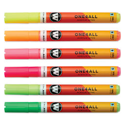 Molotow One4All Acrylic Markers - Set of 6, Neon Colors, 2 mm, caps on