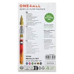 Molotow One4All Acrylic Markers - Set of 6, Metallic Colors, 2 mm, back of packaging