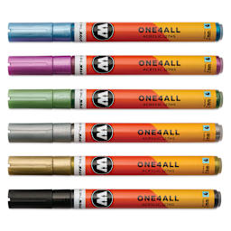 Molotow One4All Acrylic Markers - Set of 6, Metallic Colors, 2 mm, caps on