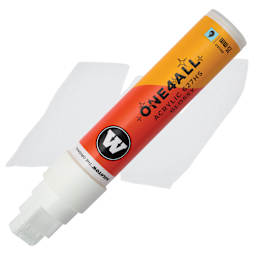 Molotow One4All Acrylic Marker - 15 mm Tip, White Glossy, Chisel Tip, swatch and marker