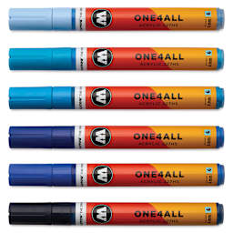 Molotow One4All Acrylic Markers - Set of 6, Blue Colors, 4 mm, caps on