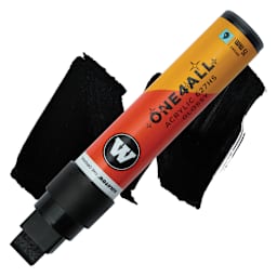 Molotow One4All Acrylic Marker - 15 mm Tip, Black Glossy, Chisel Tip, swatch and marker