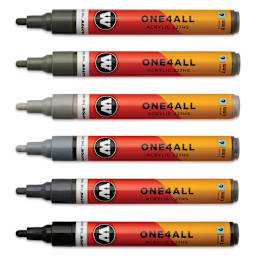 Molotow One4All Acrylic Markers - Set of 6, Grey Colors, 4 mm, caps off