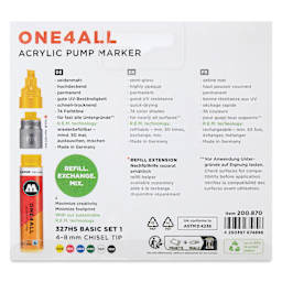 Molotow One4All Acrylic Markers - Set of 6, Basic 1 Colors, 8 mm, back of packaging