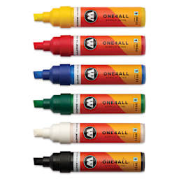 Molotow One4All Acrylic Markers - Set of 6, Basic 1 Colors, 8 mm, caps off