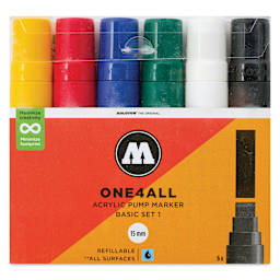 Molotow One4All Acrylic Markers - Set of 6, Basic 1 Colors, 15 mm, front of packaging