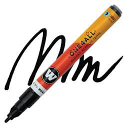 Molotow One4All Acrylic Marker - 2 mm Tip, Black Glossy, Bullet Tip, swatch and marker