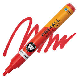 Molotow One4All Acrylic Marker - 4 mm Tip, Cherry Red, Bullet Tip, swatch and marker
