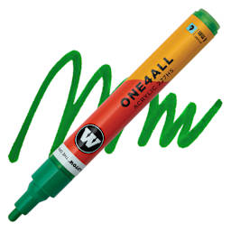 Molotow One4All Acrylic Marker - 4 mm Tip, Clover Green, Bullet Tip, swatch and marker