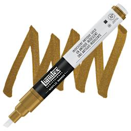Liquitex Paint Marker - Iridescent Antique Gold, 2mm Tip marker and swatch