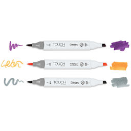 Touch Twin Brush Markers - Purple, Orange, and Gray markers shown uncapped with ink swatches
