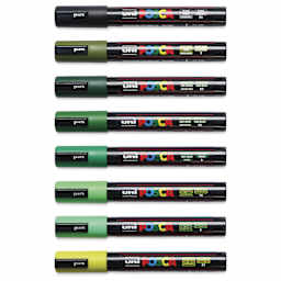 Posca Paint Markers - Set of 8, Green Shade Colors, Medium Bullet Tip, cap on