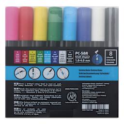 Posca Brush Paint Markers - Set of 8, Assorted Colors, Brush Tip, back of the packaging