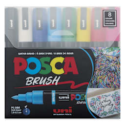 Posca Brush Paint Markers - Set of 8, Assorted Colors, Brush Tip, front of the packaging