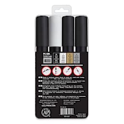 Posca Paint Markers - Set of 4, Assorted Colors, Medium Bullet Tip, 1.8 mm to 2.5 mm, back of packaging