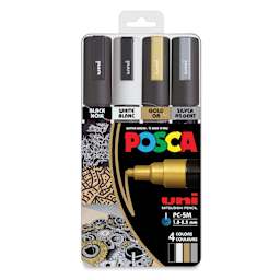 Posca Paint Markers - Set of 4, Assorted Colors, Medium Bullet Tip, 1.8 mm to 2.5 mm, front of packaging