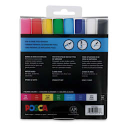 Uni Posca Paint Markers - Assorted Colors, Set of 8, Fine, Bullet Tip, 0.9 mm - 1.3 mm - back of packaging