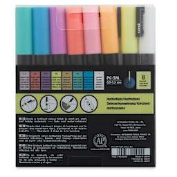 Uni Posca Paint Markers - Soft Colors, Set of 8, Fine, Bullet Tip, 0.9 mm - 1.3 mm - back of packaging